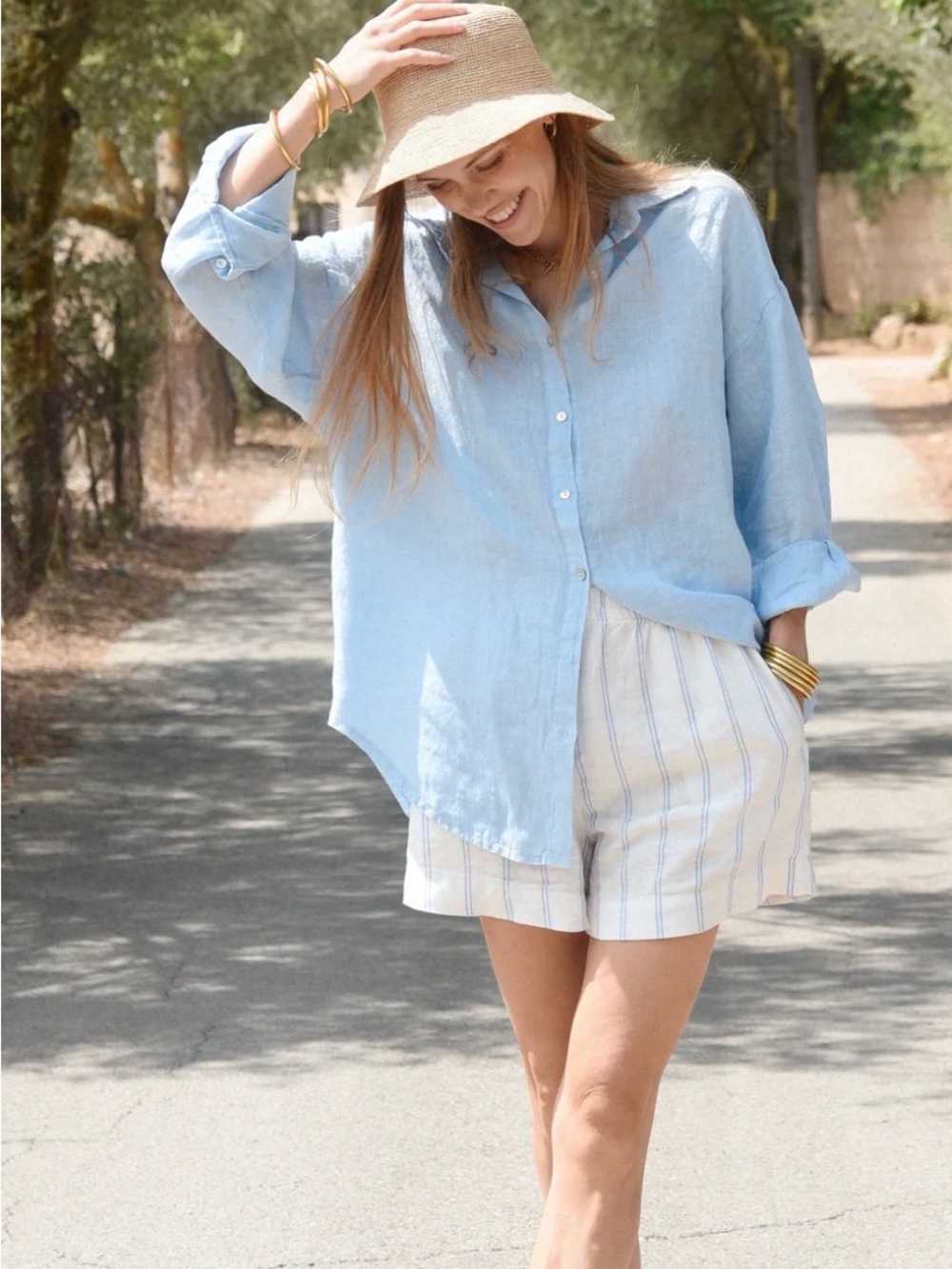 Light Blue Linen Button-Up Shirt - Women